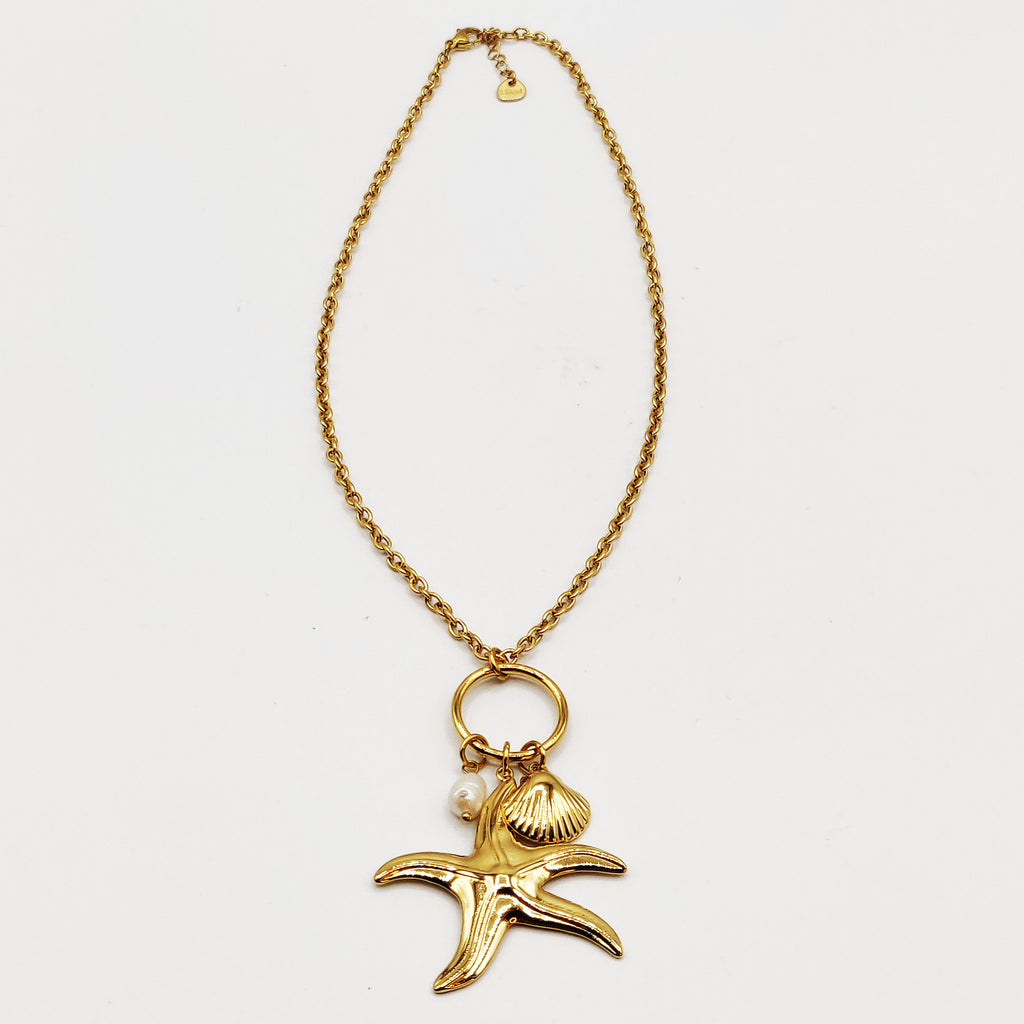 Collier Maillons Pendentifs Grande Étoile de Mer, Coquillage et Perle d'imitation Blanche
