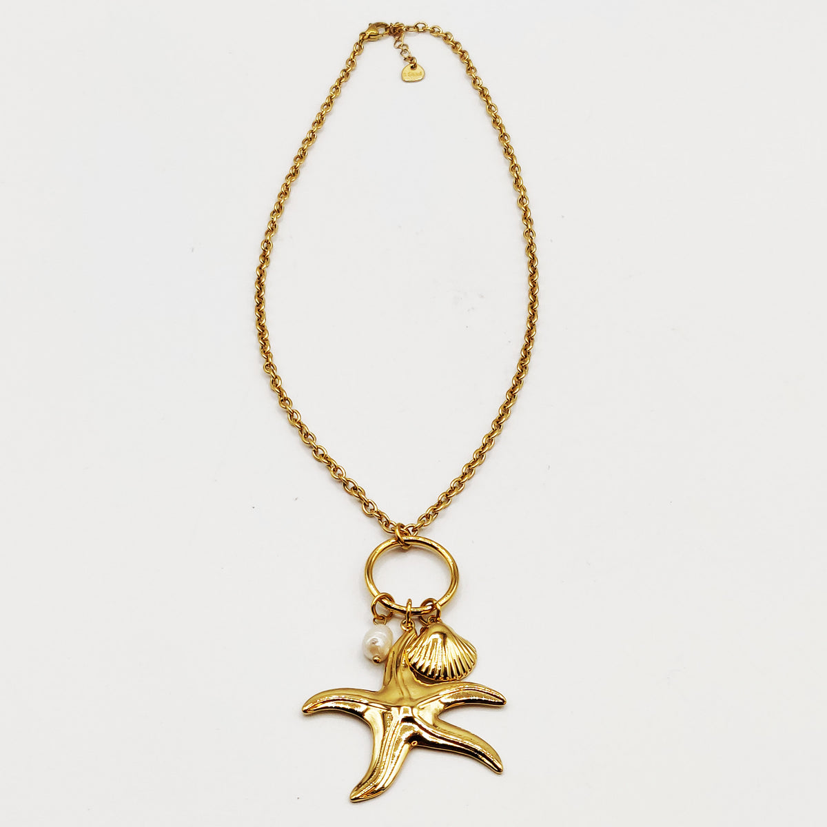 Collier Maillons Pendentifs Grande Étoile de Mer, Coquillage et Perle d'imitation Blanche