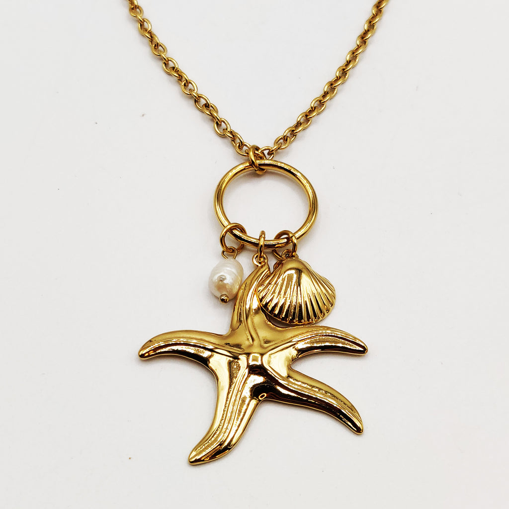 Collier Maillons Pendentifs Grande Étoile de Mer, Coquillage et Perle d'imitation Blanche