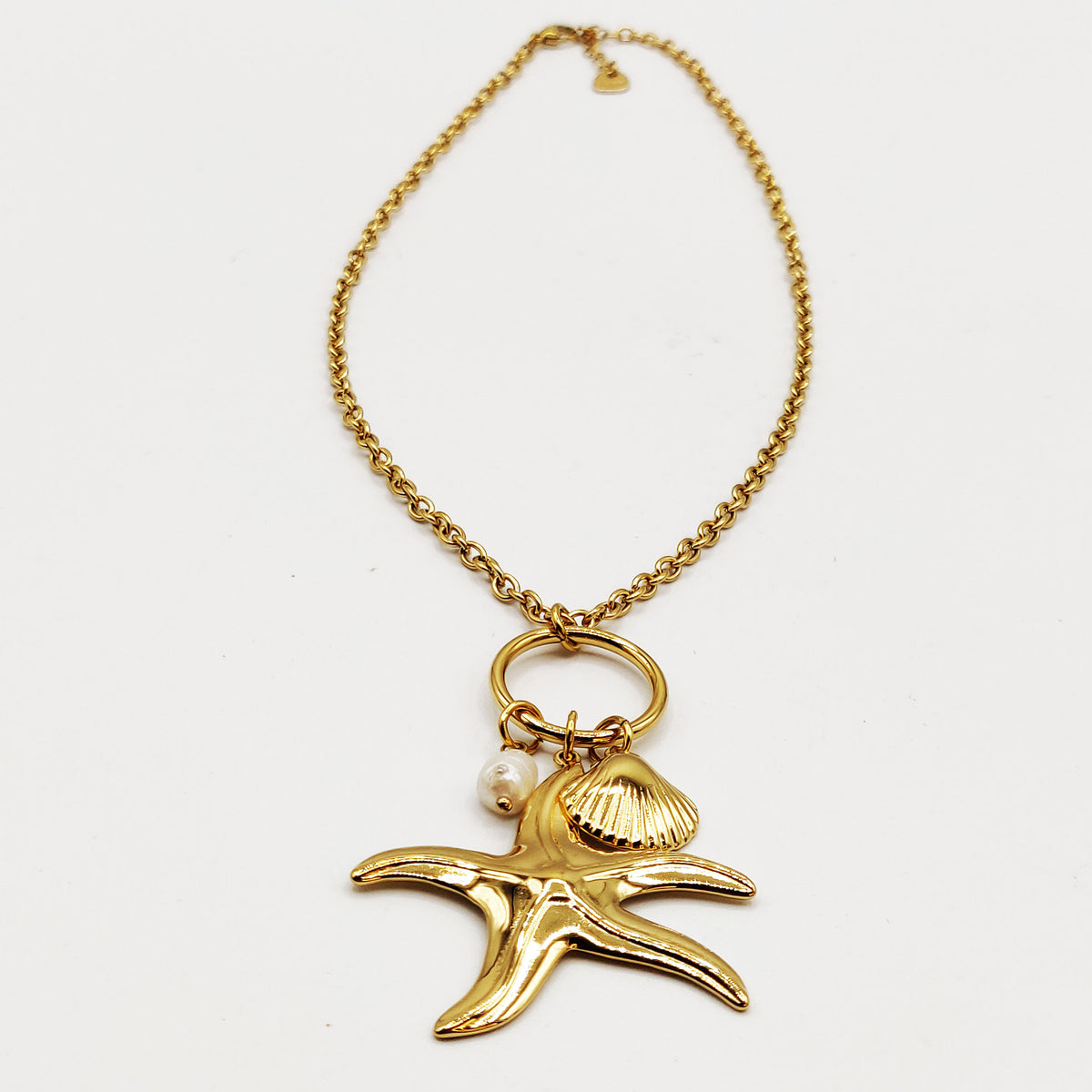 Collier Maillons Pendentifs Grande Étoile de Mer, Coquillage et Perle d'imitation Blanche