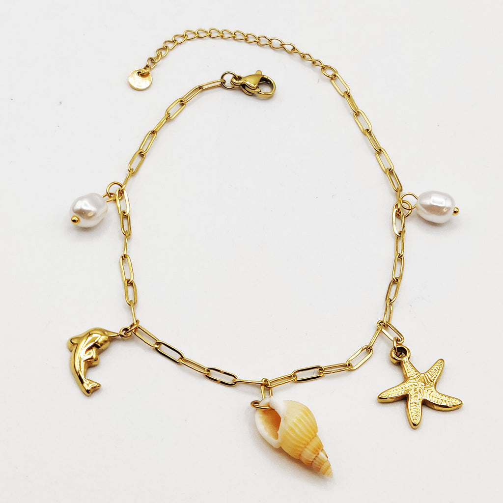 Chaîne de Cheville Coquillage, Étoile de Mer, Dauphin, et Perles d'imitation Blanches