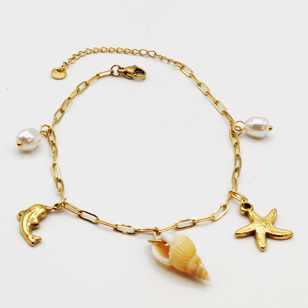 Chaîne de Cheville Coquillage, Étoile de Mer, Dauphin, et Perles d'imitation Blanches