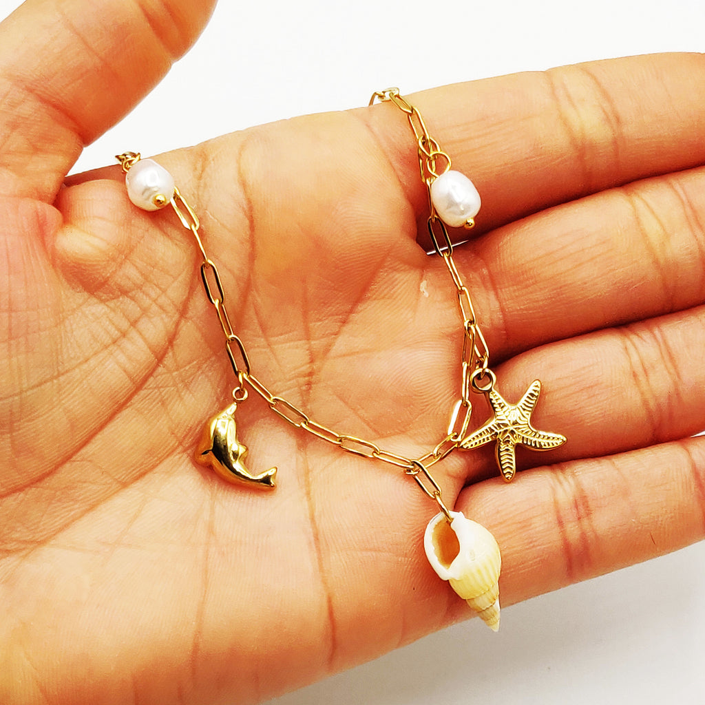 Chaîne de Cheville Coquillage, Étoile de Mer, Dauphin, et Perles d'imitation Blanches