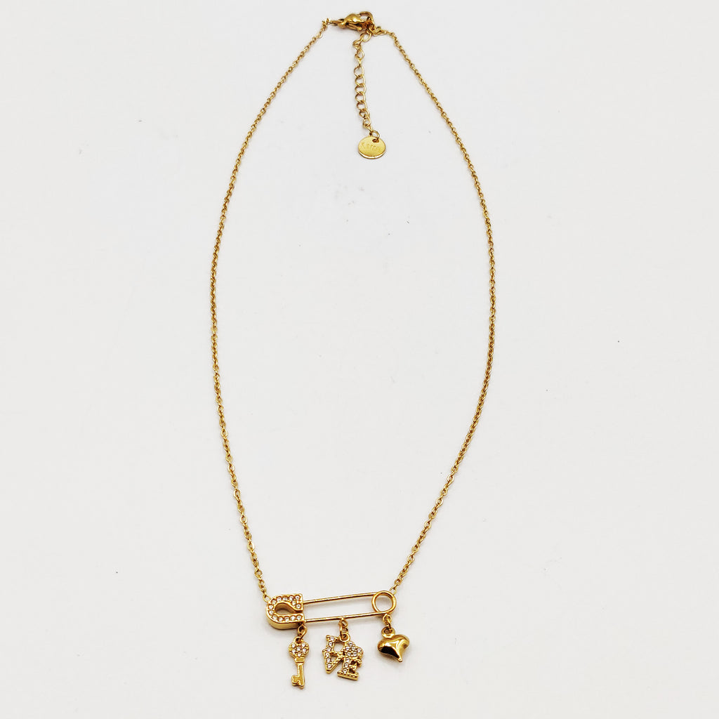 Collier Épingle Pendentifs Love, Clé et Coeur Bombé Luxe