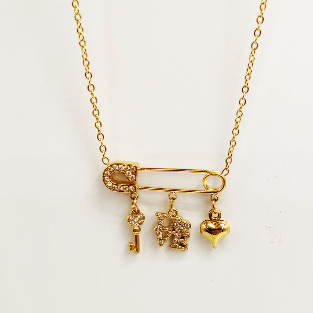 Collier Épingle Pendentifs Love, Clé et Coeur Bombé Luxe
