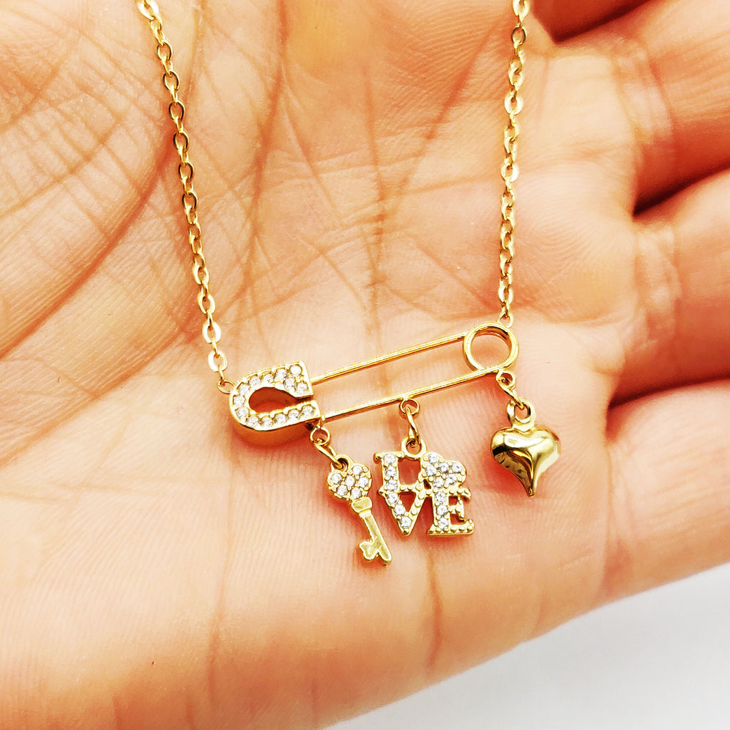 Collier Épingle Pendentifs Love, Clé et Coeur Bombé Luxe