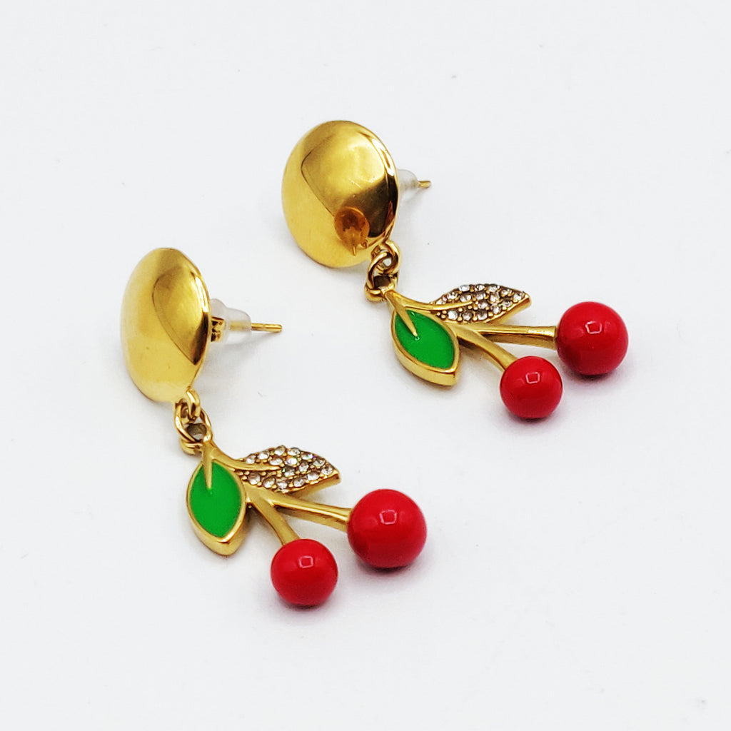 Boucles d'oreilles Cerises Feuilles Vertes et Cristaux