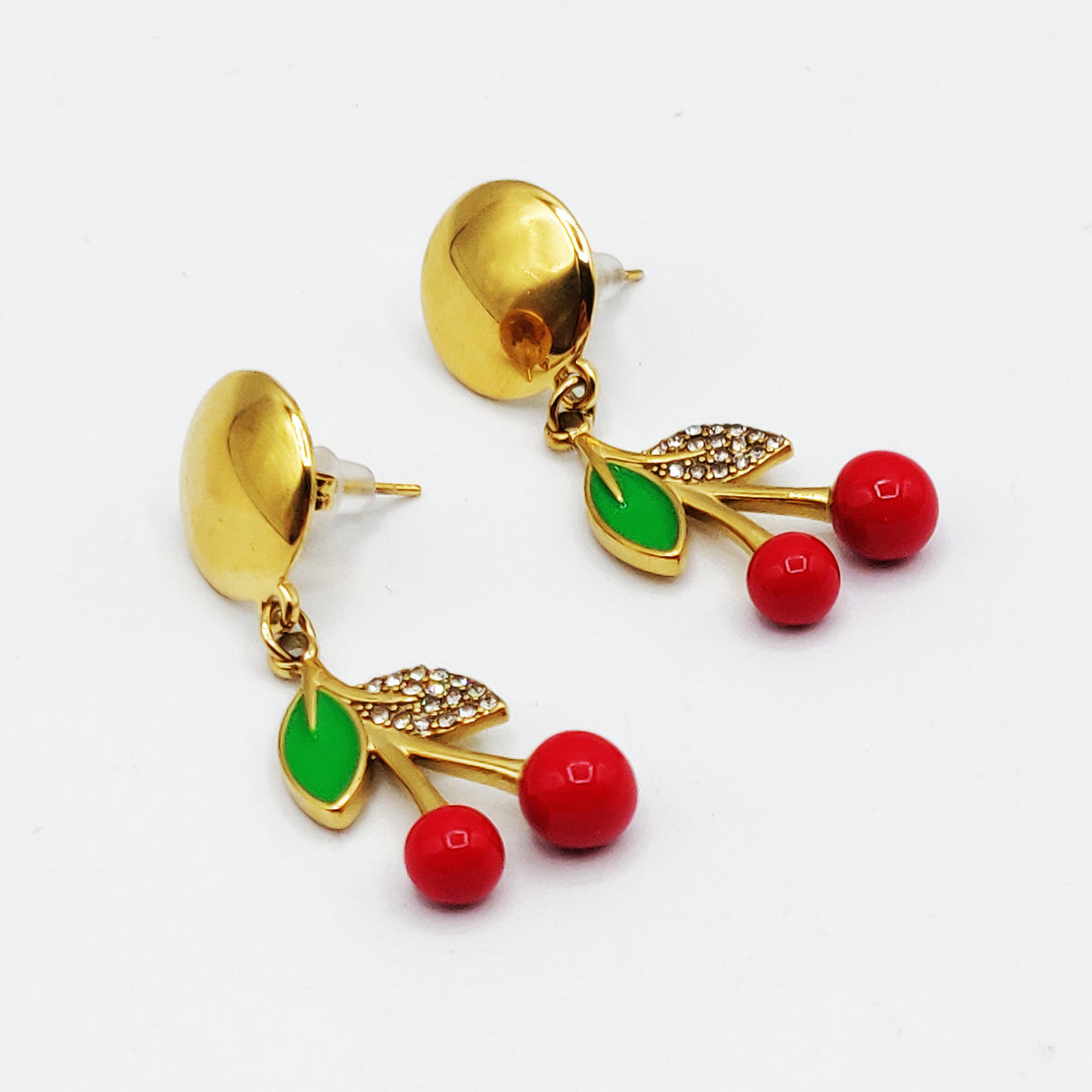 Boucles d'oreilles Cerises Feuilles Vertes et Cristaux