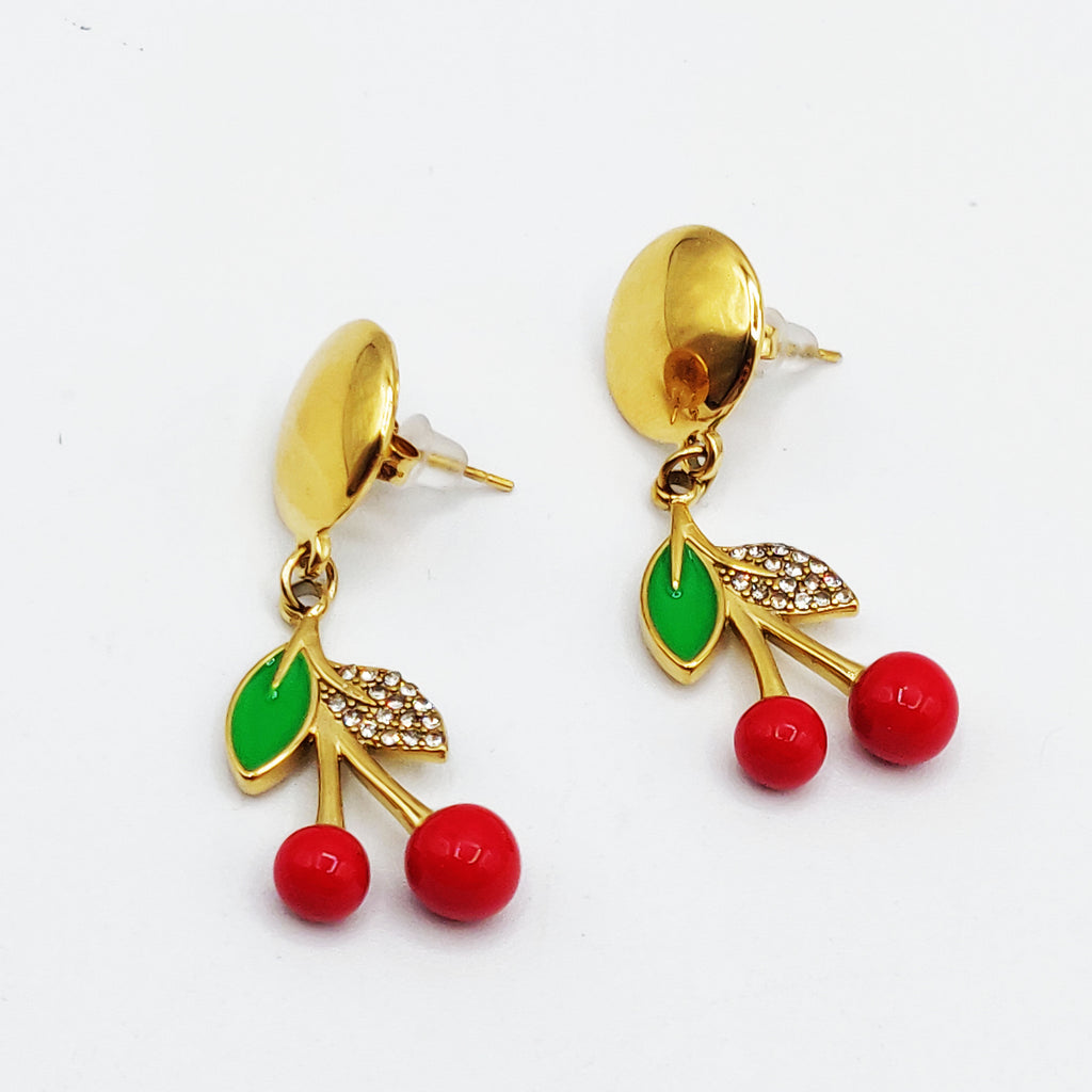 Boucles d'oreilles Cerises Feuilles Vertes et Cristaux