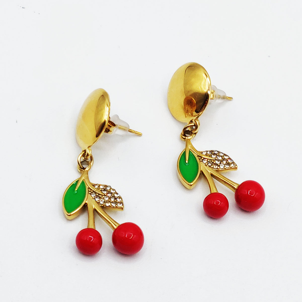 Boucles d'oreilles Cerises Feuilles Vertes et Cristaux
