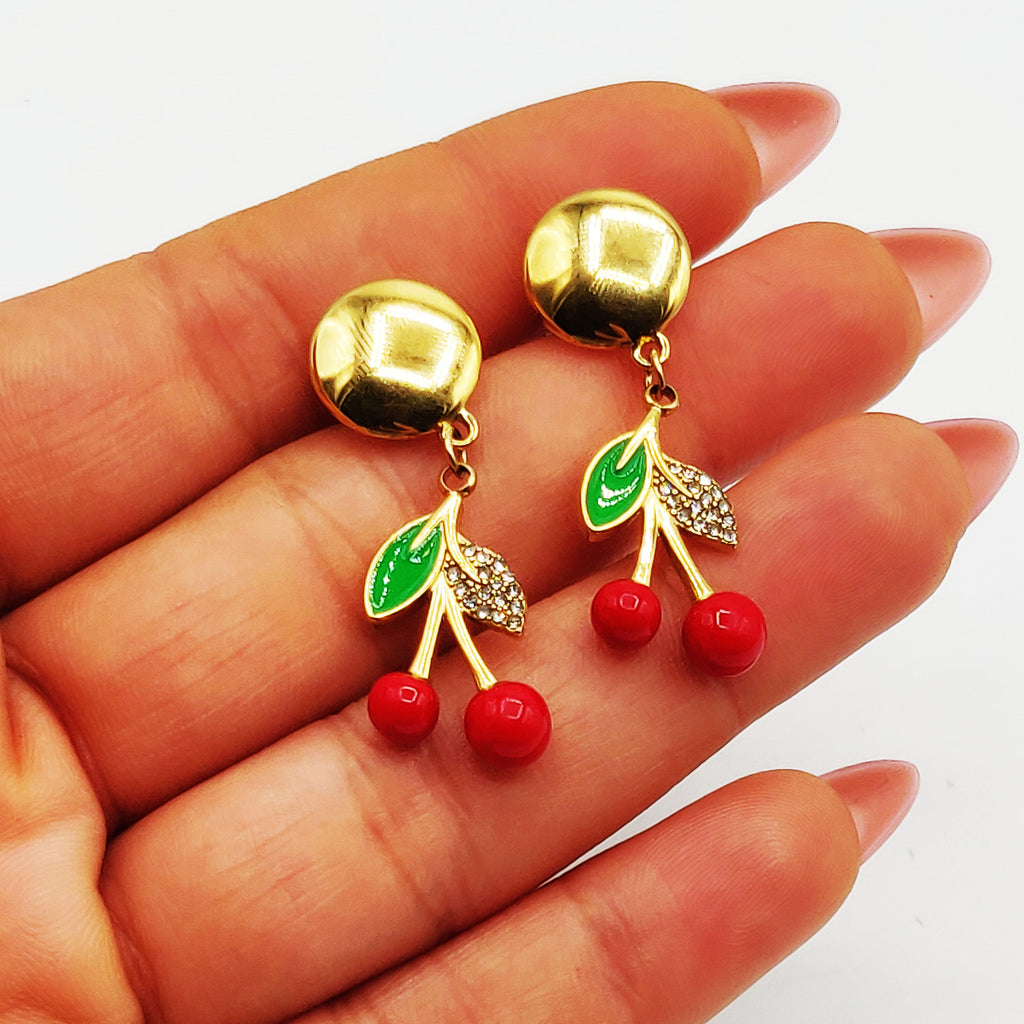 Boucles d'oreilles Cerises Feuilles Vertes et Cristaux