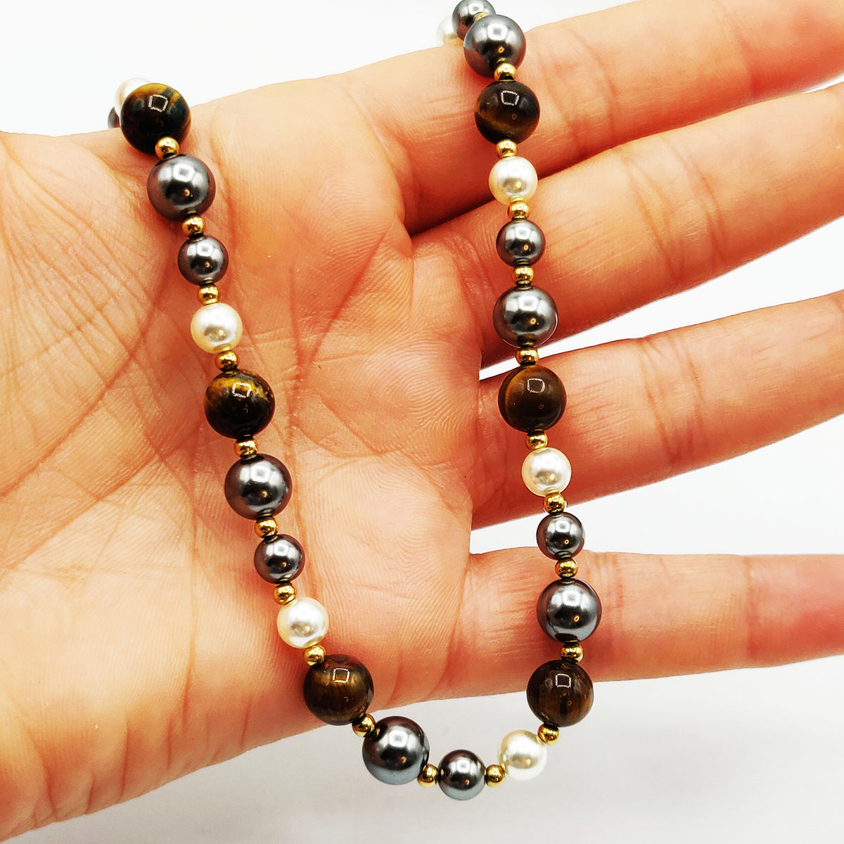 Collier Perles d'imitation Grises et Marrons