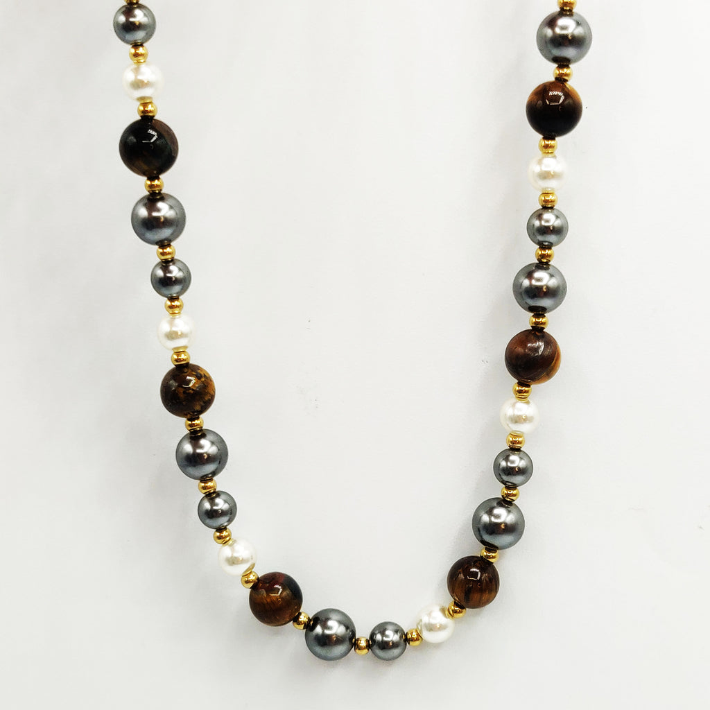 Collier Perles d'imitation Grises et Marrons