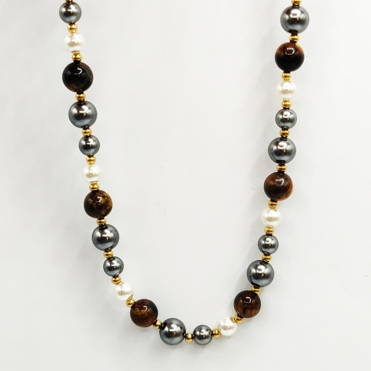 Collier Perles d'imitation Grises et Marrons