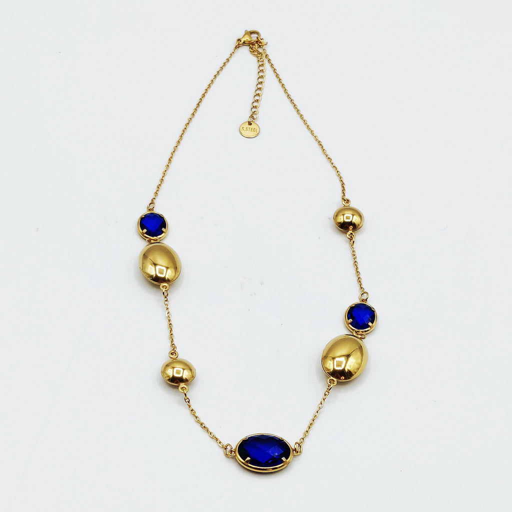 Collier Ovales Dorés et Cristaux Bleus Luxe