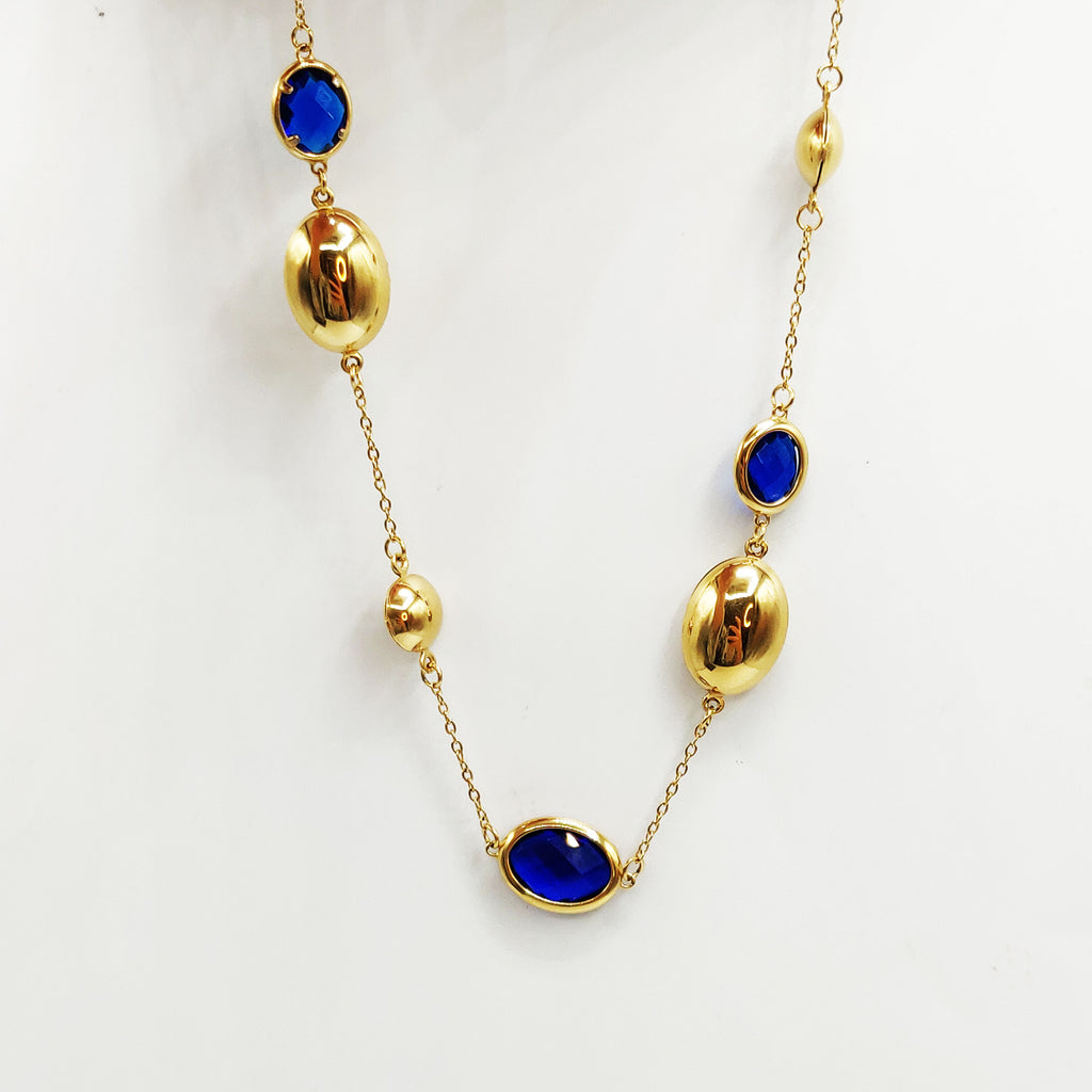 Collier Ovales Dorés et Cristaux Bleus Luxe