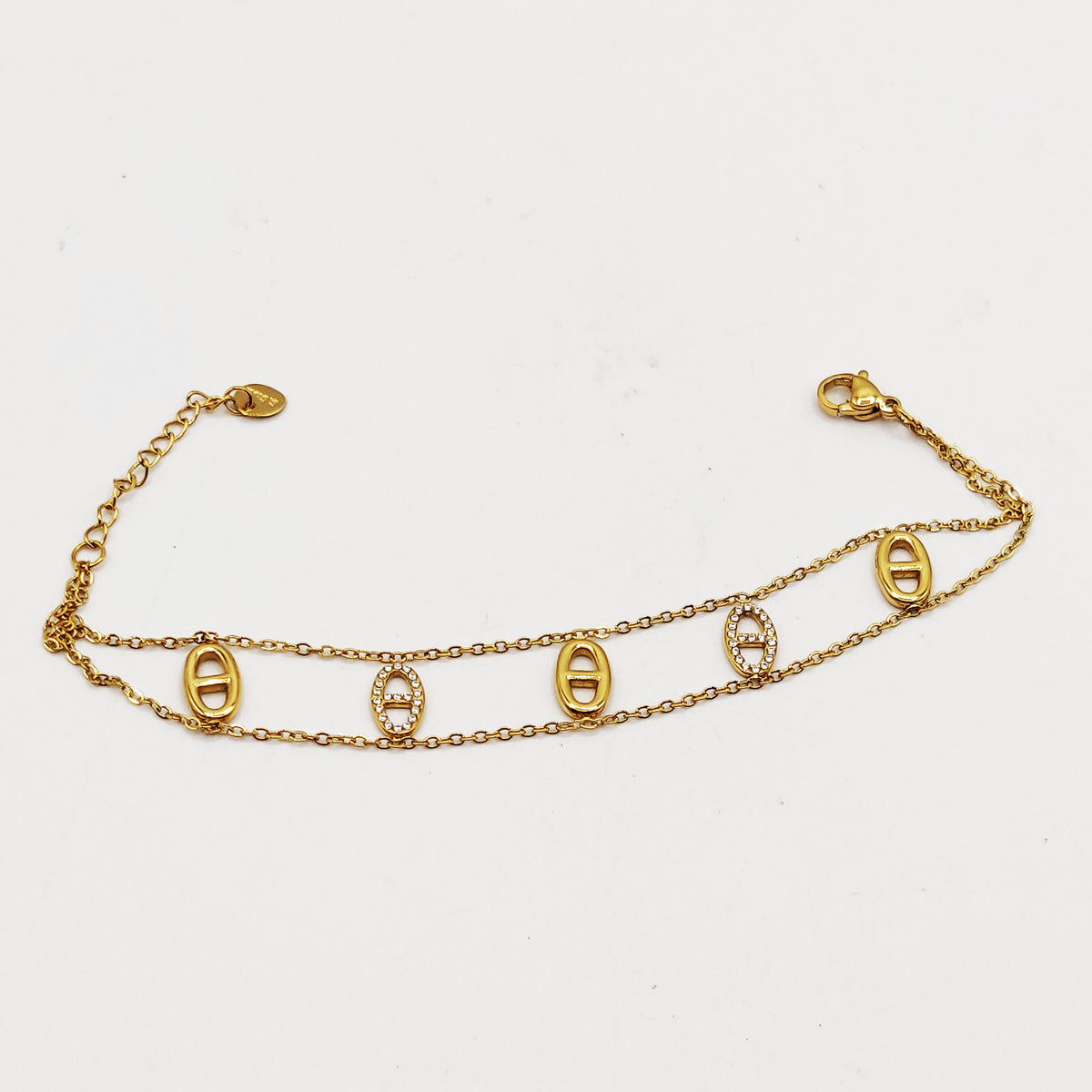 Bracelet Double Chaîne Multi H Luxe Dorés et Cristaux