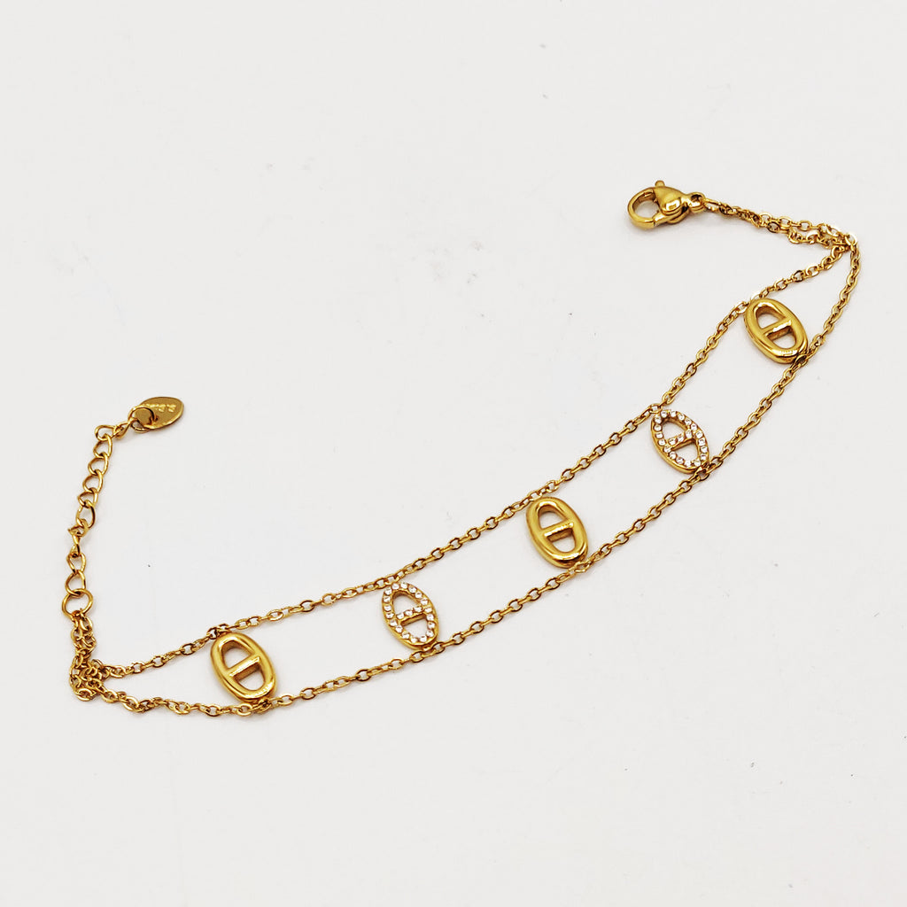 Bracelet Double Chaîne Multi H Luxe Dorés et Cristaux