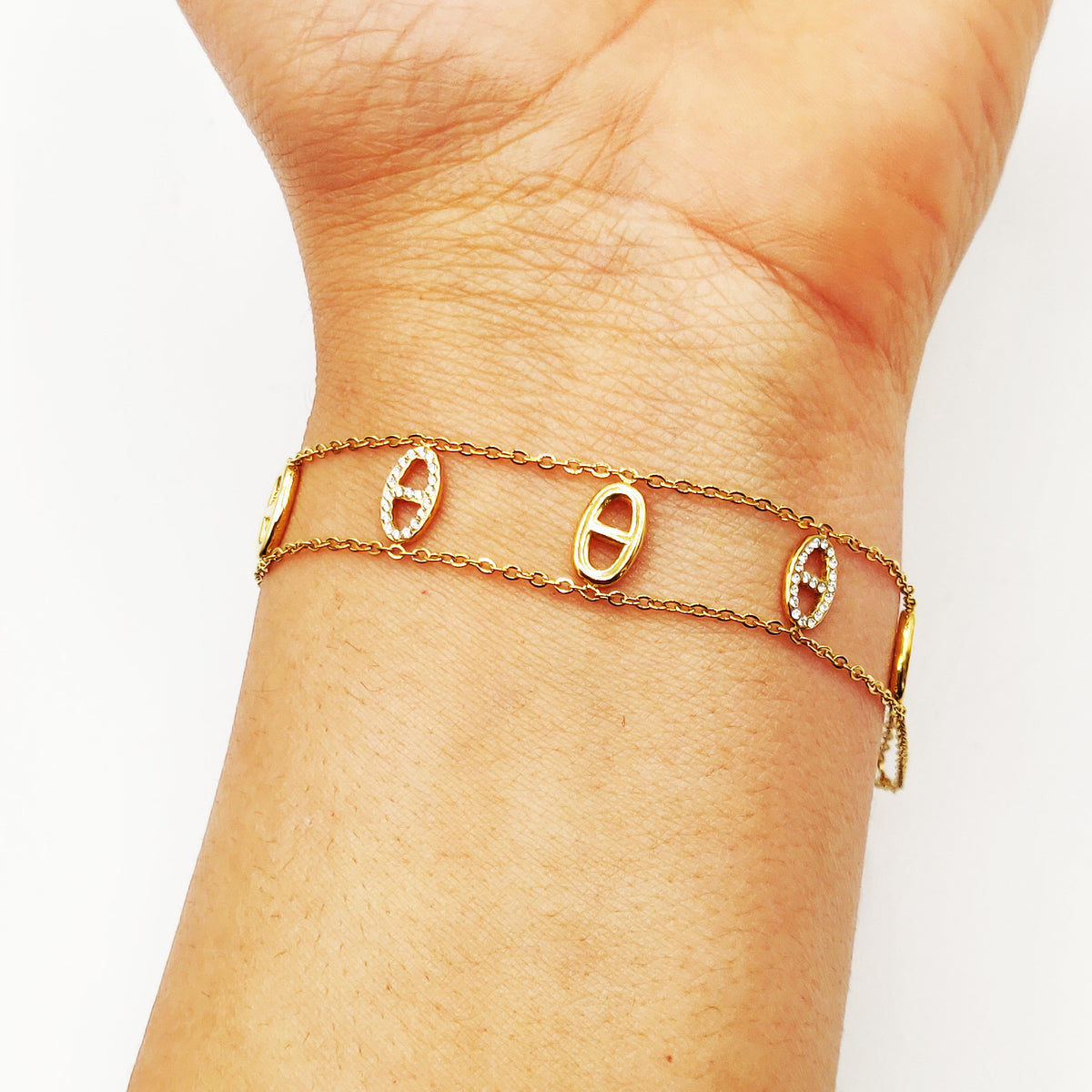 Bracelet Double Chaîne Multi H Luxe Dorés et Cristaux