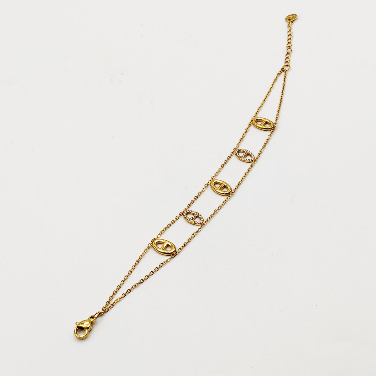 Bracelet Double Chaîne Multi H Luxe Dorés et Cristaux