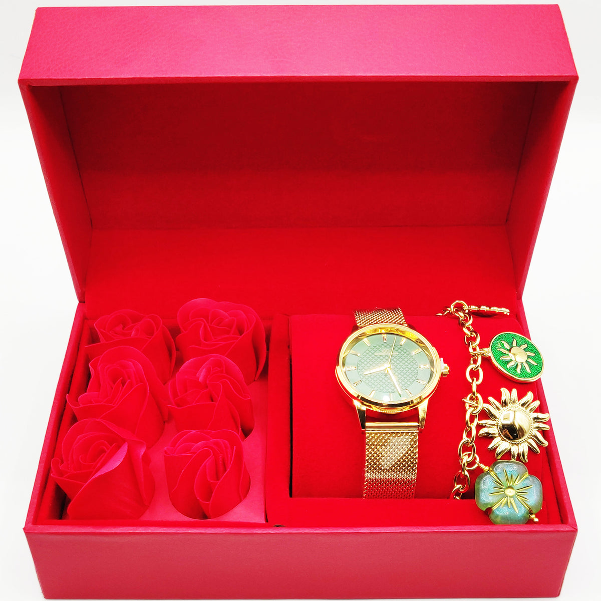 Coffret Cadeau Montre Giorgio & Dario EU5971 Fond Vert avec Bracelet Bibelots Soleils et Roses Rouges