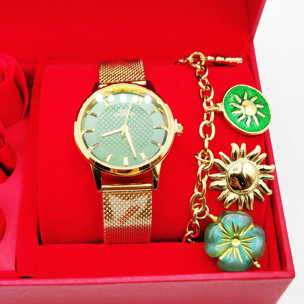 Coffret Cadeau Montre Giorgio & Dario EU5971 Fond Vert avec Bracelet Bibelots Soleils et Roses Rouges