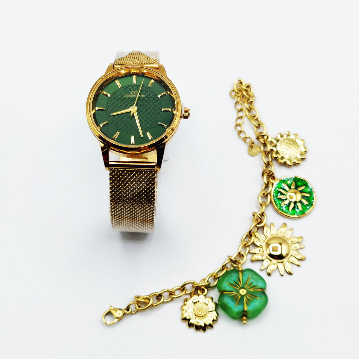 Coffret Cadeau Montre Giorgio & Dario EU5971 Fond Vert avec Bracelet Bibelots Soleils et Roses Rouges