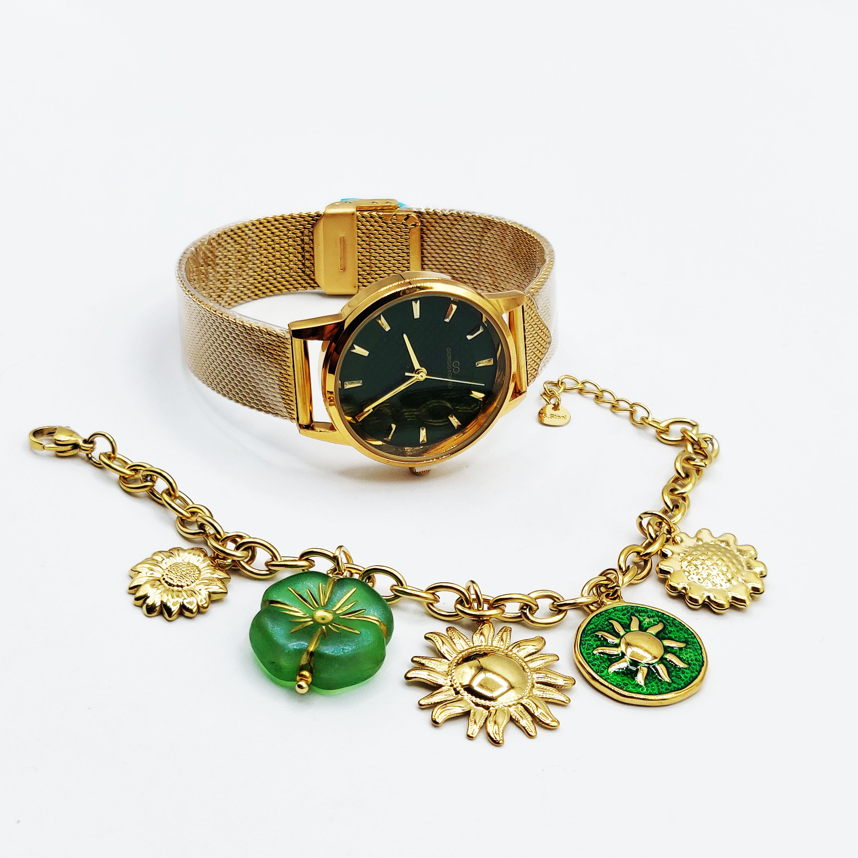 Coffret Cadeau Montre Giorgio & Dario EU5971 Fond Vert avec Bracelet Bibelots Soleils et Roses Rouges