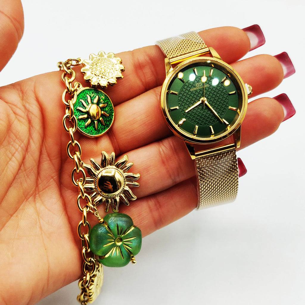 Coffret Cadeau Montre Giorgio & Dario EU5971 Fond Vert avec Bracelet Bibelots Soleils et Roses Rouges