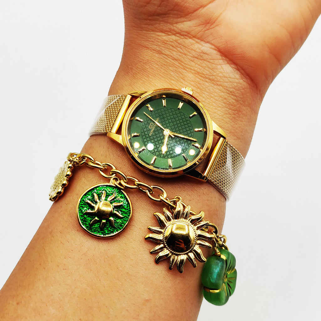 Coffret Cadeau Montre Giorgio & Dario EU5971 Fond Vert avec Bracelet Bibelots Soleils et Roses Rouges