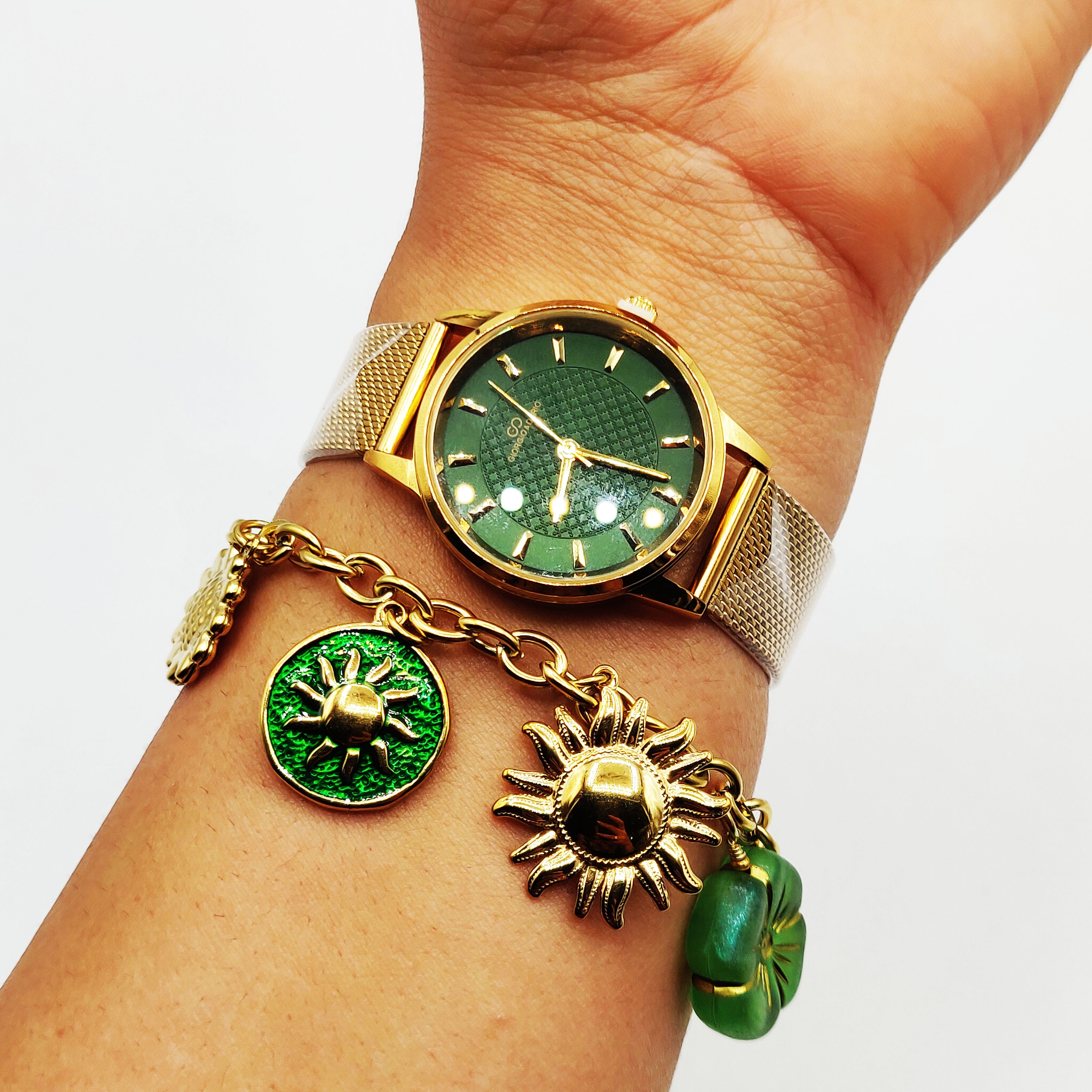 Coffret Cadeau Montre Giorgio & Dario EU5971 Fond Vert avec Bracelet Bibelots Soleils et Roses Rouges