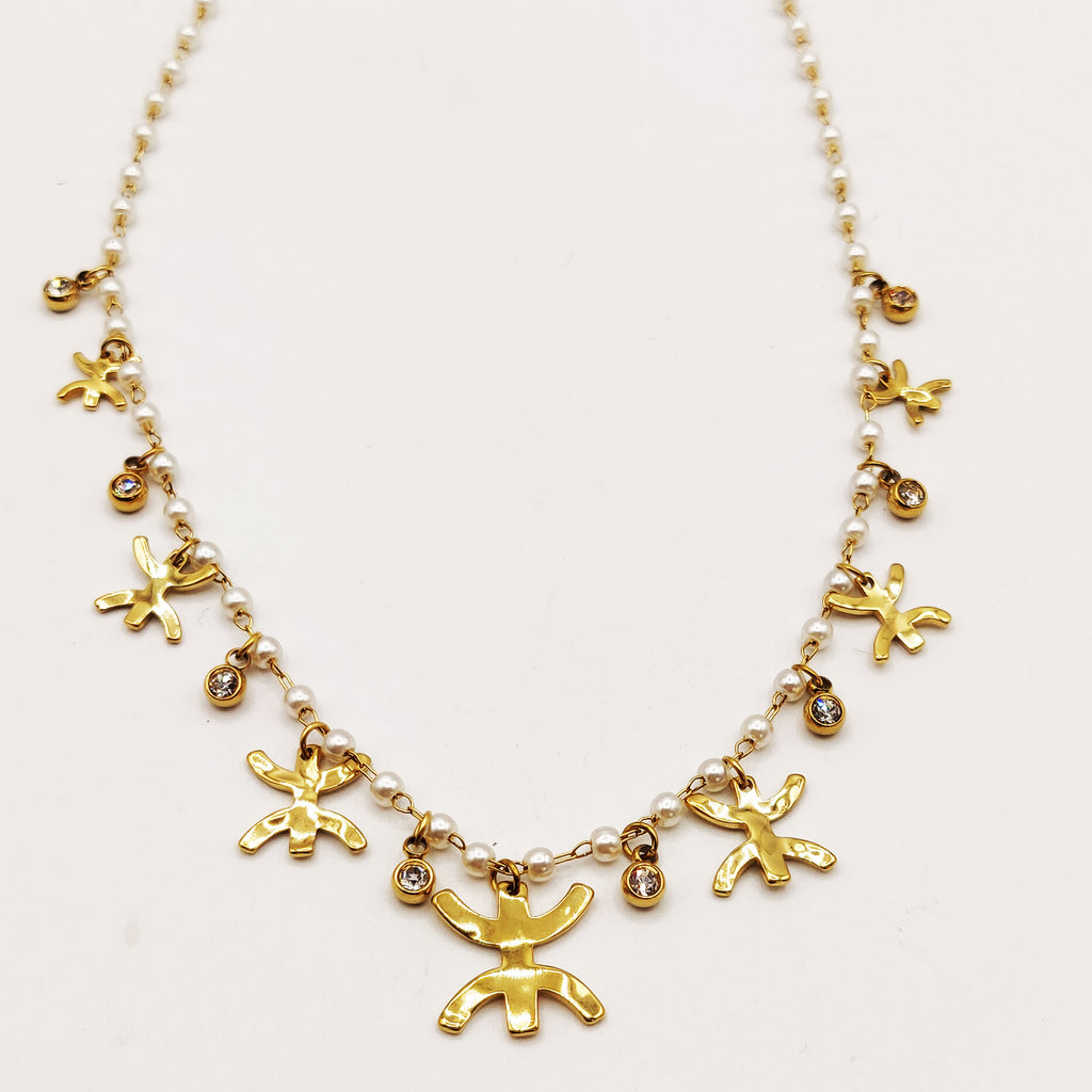 Collier Multi Amazigh, Cristaux Ronds et Perles d'imitation Blanches Luxe