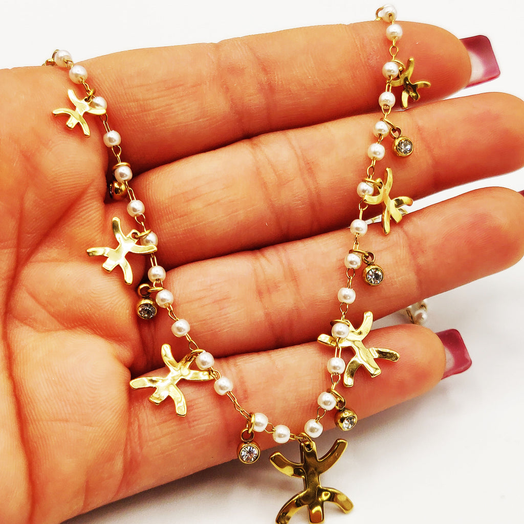 Collier Multi Amazigh, Cristaux Ronds et Perles d'imitation Blanches Luxe