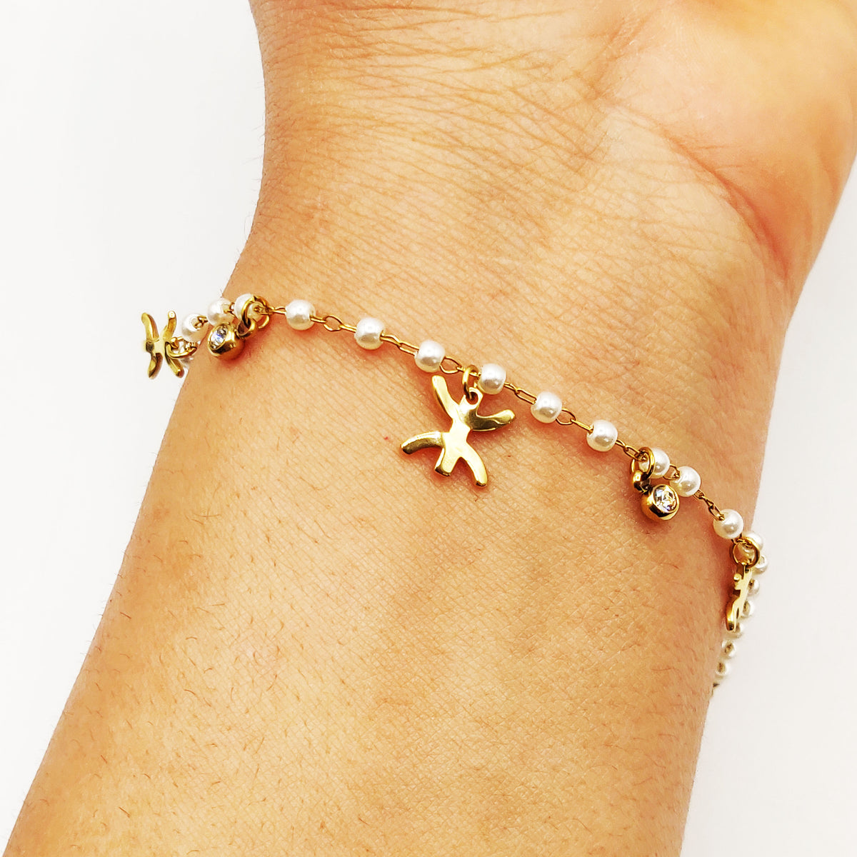 Bracelet Multi Amazigh, Cristaux Ronds et Perles d'imitation Blanches Luxe