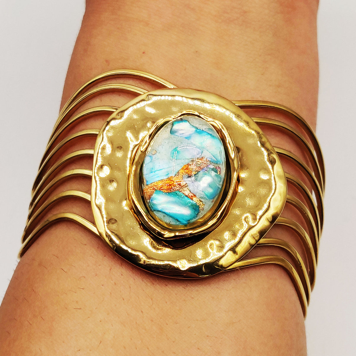 Bracelet Rigide Pierre Ovale Nature Bleue