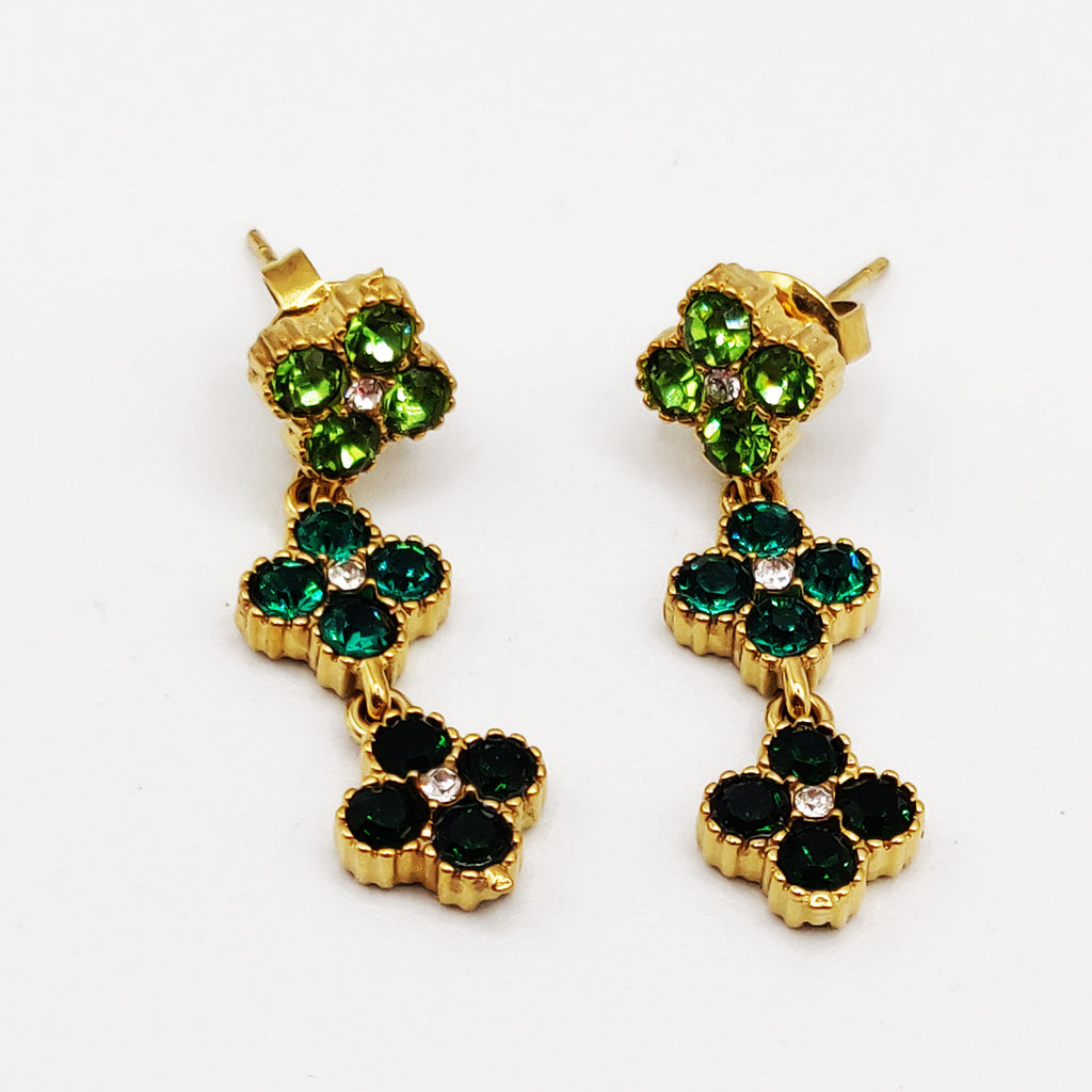Boucles d'oreilles Trèfles Cristaux Nuances de Vert Luxe
