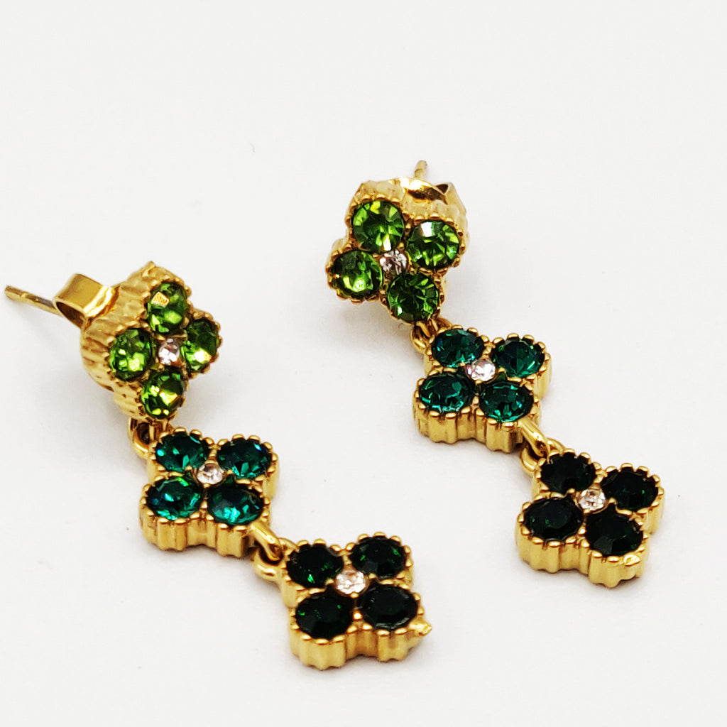 Boucles d'oreilles Trèfles Cristaux Nuances de Vert Luxe