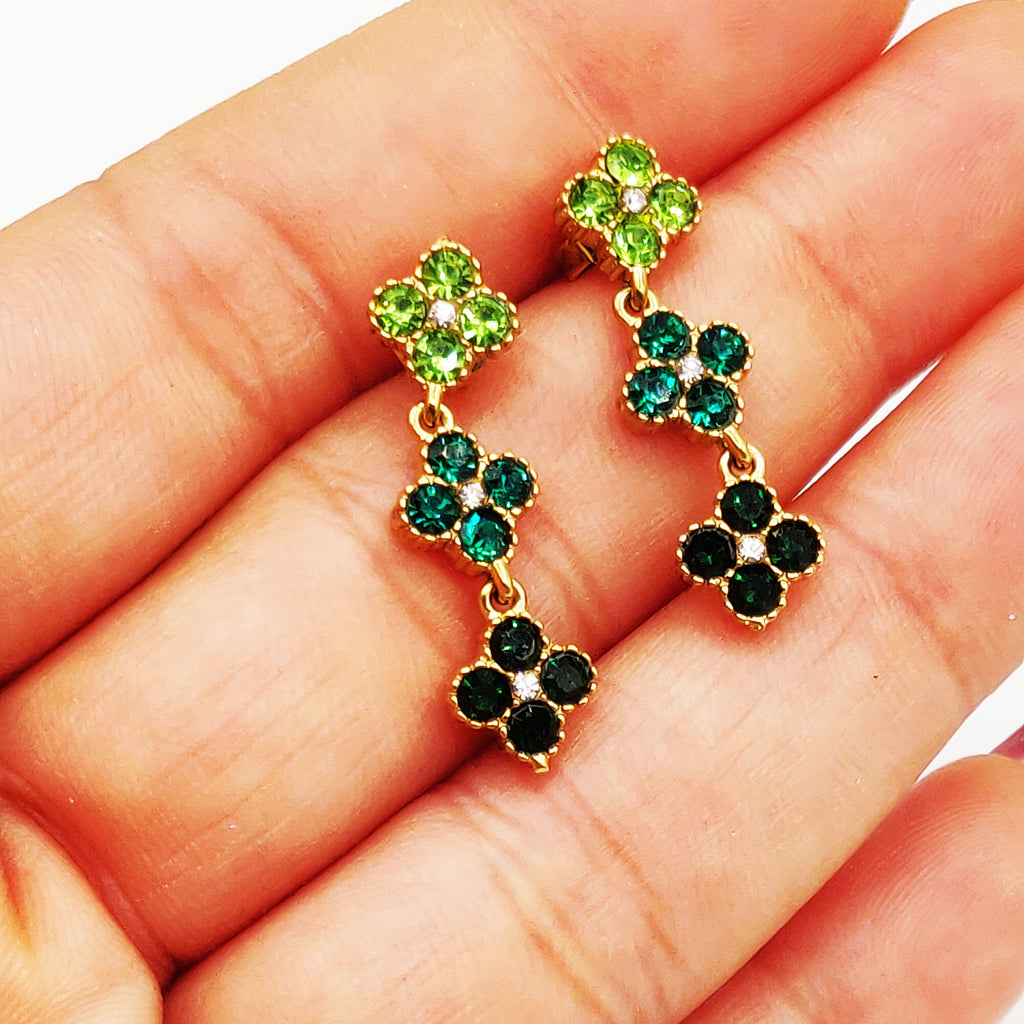 Boucles d'oreilles Trèfles Cristaux Nuances de Vert Luxe