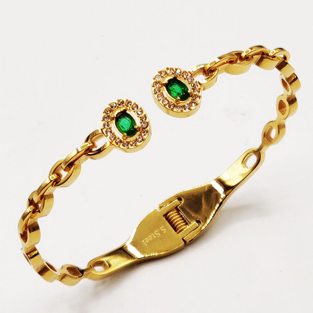 Bracelet Rigide Chaîne Ovales Cristaux Verts Luxe
