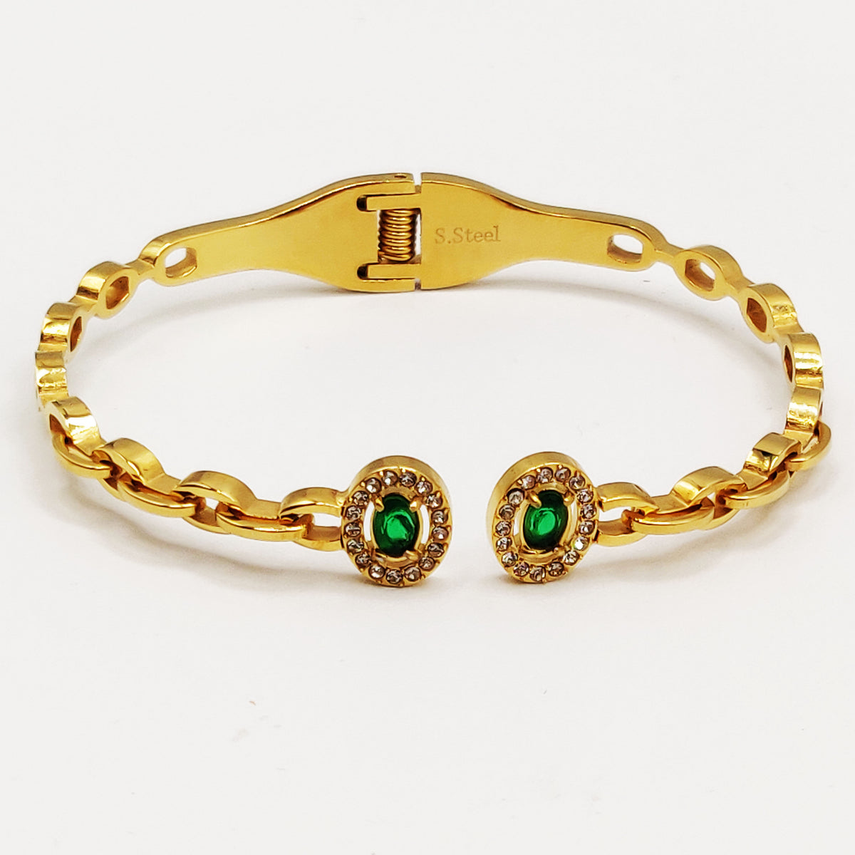 Bracelet Rigide Chaîne Ovales Cristaux Verts Luxe