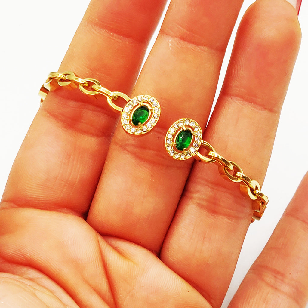 Bracelet Rigide Chaîne Ovales Cristaux Verts Luxe