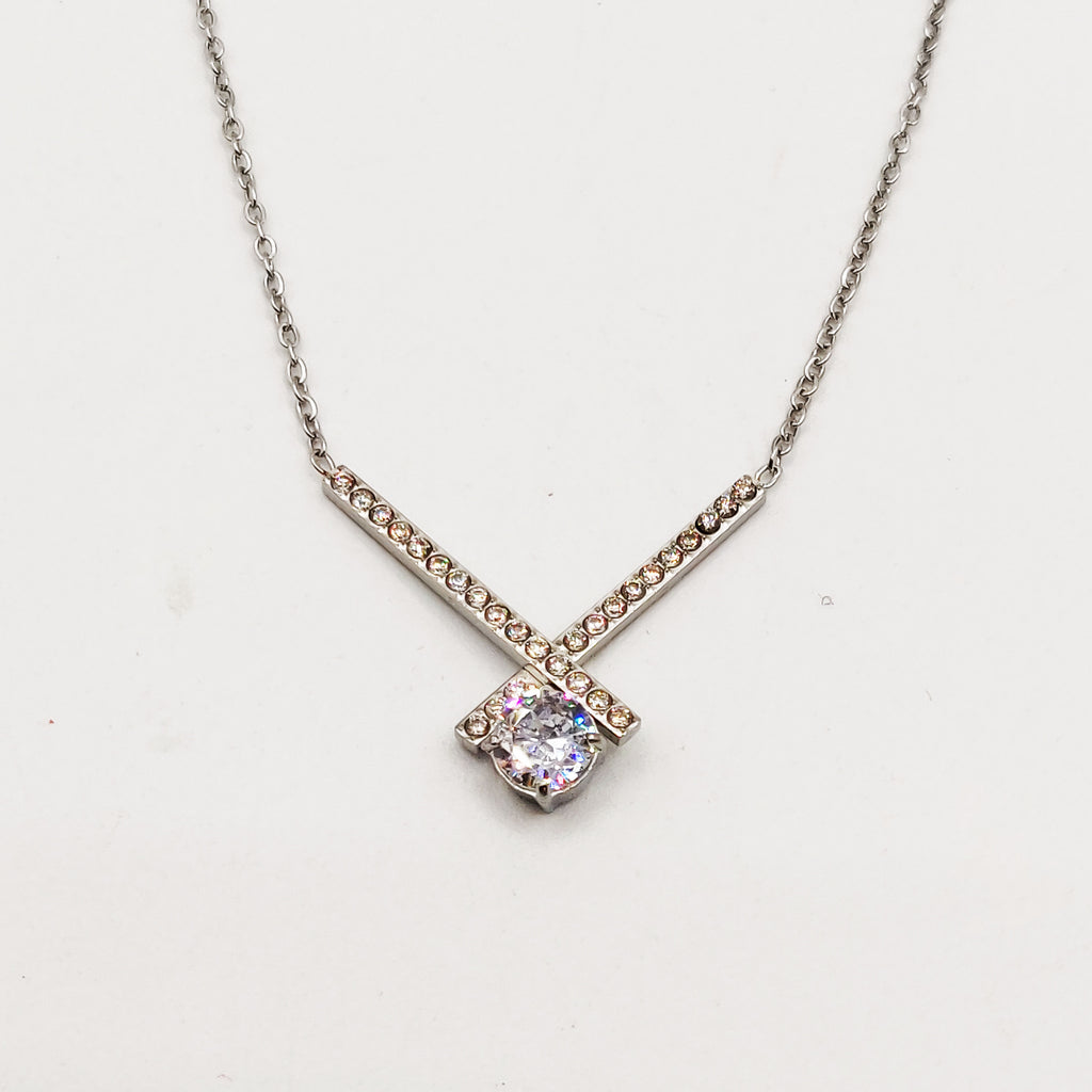 Collier X Cristaux et Gros Cristal Luxe Argenté