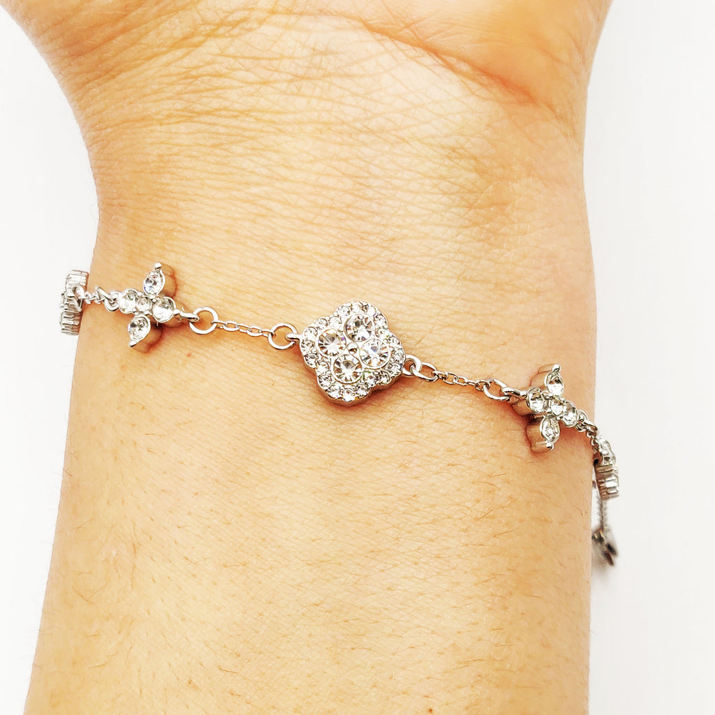 Bracelet Trèfles en Cristaux Tour Cristaux Luxe Argenté