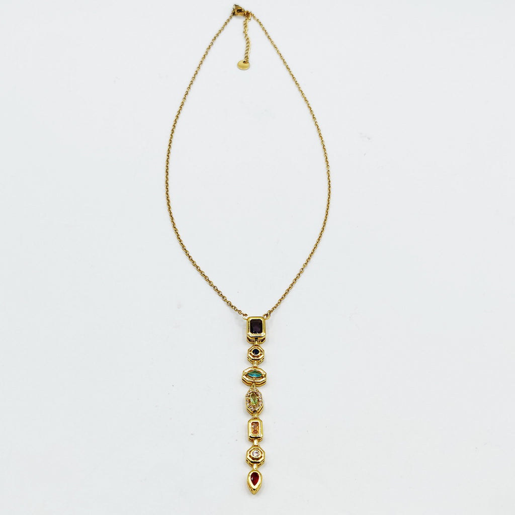 Collier Multi Cristaux Multi Formes Multicolores Descendant Luxe