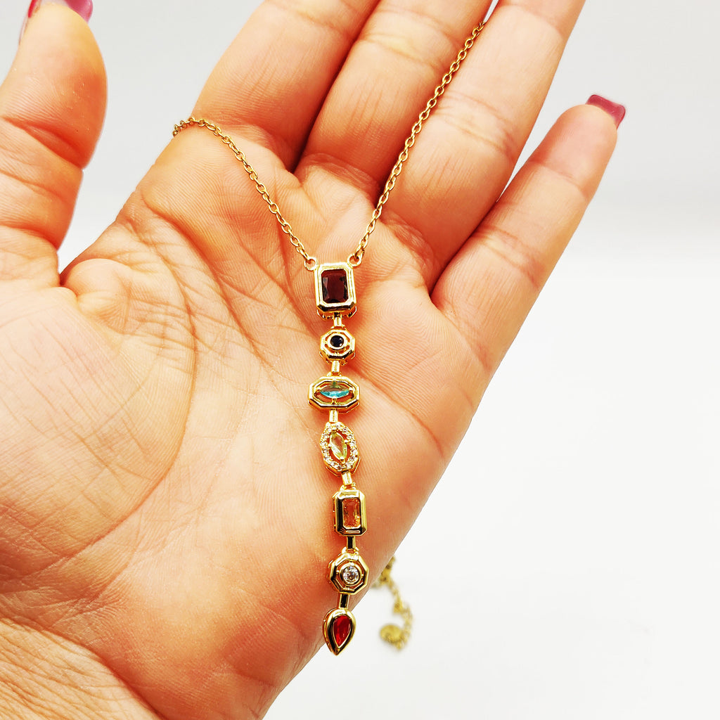 Collier Multi Cristaux Multi Formes Multicolores Descendant Luxe