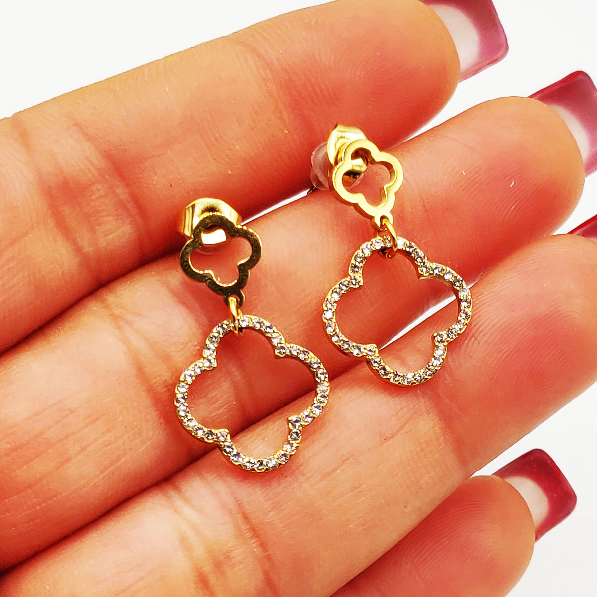 Boucles d'oreilles Double Trèfles Creux Cristaux Luxe