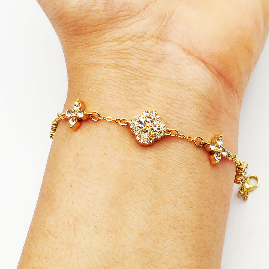 Bracelet Trèfles en Cristaux Tour Cristaux Luxe Doré