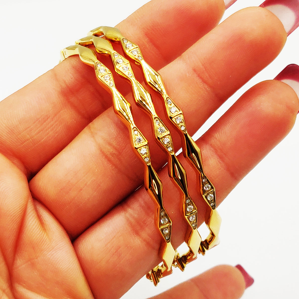 Trio de Bracelets Rigides Losanges Dorés et Cristaux Luxe