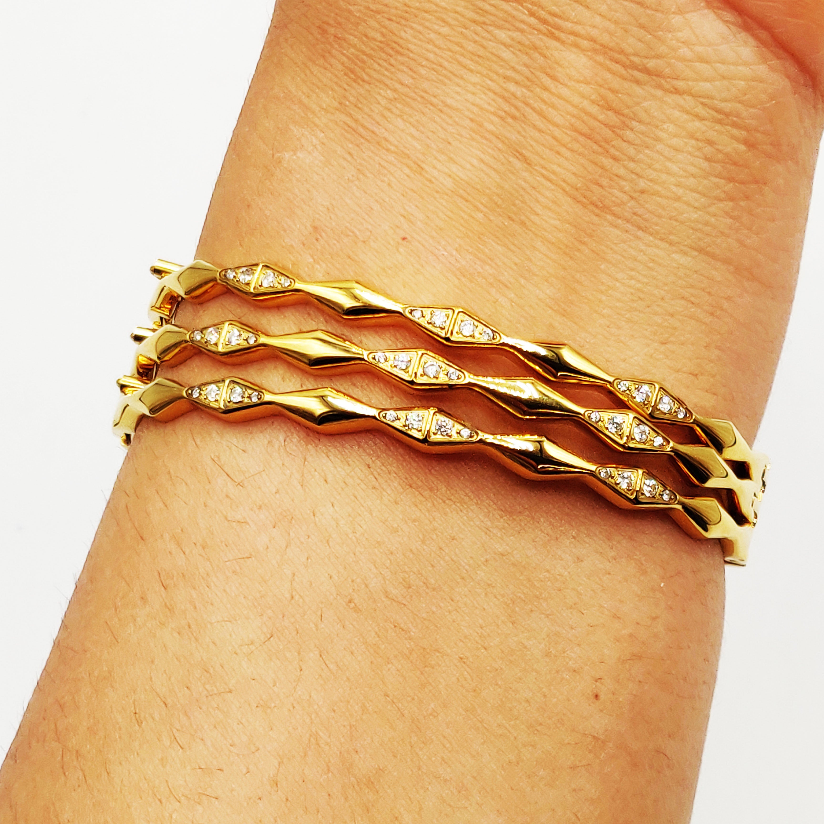 Trio de Bracelets Rigides Losanges Dorés et Cristaux Luxe