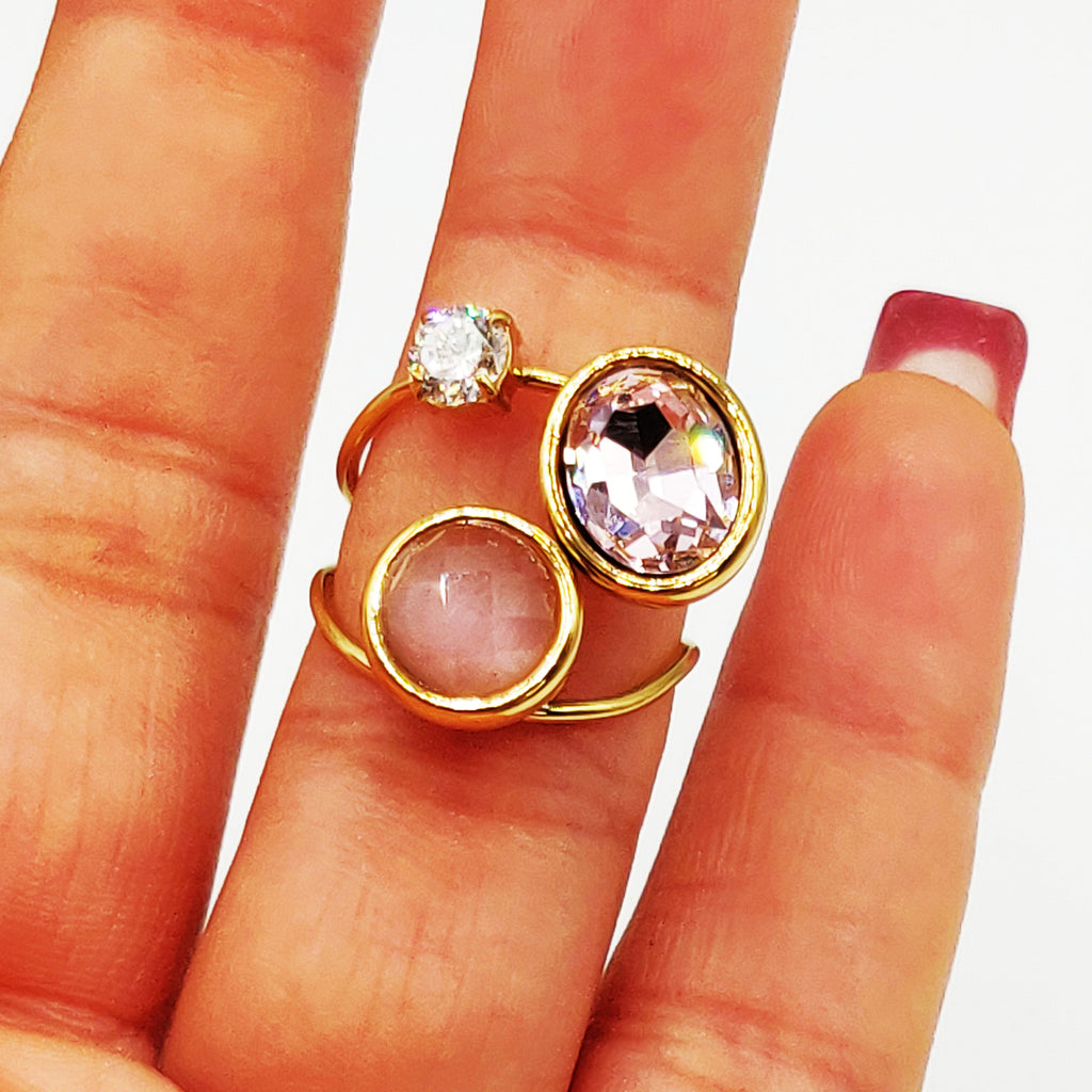 Bague Pierre et Cristal Rose Luxe